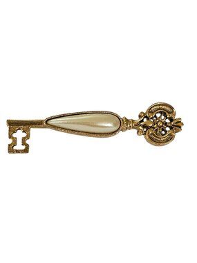 1928 Brand Gold Tone Faux Pearl Skeleton Key Brooch Pin L263
